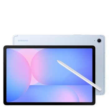 Samsung Galaxy Tab S10 FE σε γαλάζιο χρώμα μπροστινή και πίσω προεπισκόπηση με ενεργή οθόνη 10,9"
