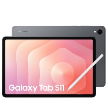 Samsung Galaxy Tab S11σε γκρι χρώμα προεπισκόπηση μπροστινής και πίσω πλευρά του tablet με ενεργή οθόνη 11" και πενάκι