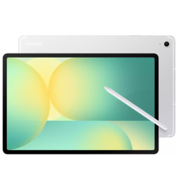 Samsung Galaxy Tab S10 FE+ σε ασημί χρώμα μπροστινή και πίσω προεπισκόπηση με ενεργή οθόνη 13,1"