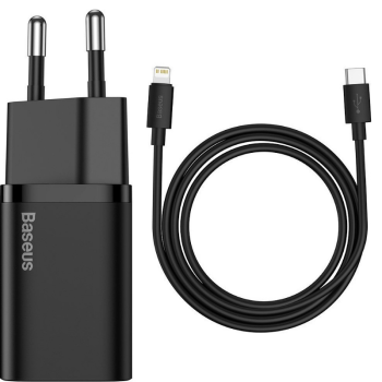 Baseus Φορτιστής Super Si με Θύρα USB-C και Καλώδιο USB-C - Lightning 20W Power Delivery μαύρο φορτιστής και καλώδιο