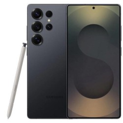 Samsung Galaxy S25 Ultra 5G σε jetblack χρώμα προεπισκόπηση μπροστινής και πίσω πλευράς με ενεργή οθόνη και πενάκι