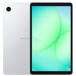 Samsung Galaxy Tab A11 σε ασημί χρώμα μπροστά και πίσω όψη με ενεργή οθόνη και κάμερα