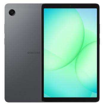 Samsung Galaxy Tab A11 σε γκρι χρώμα μπροστά και πίσω όψη με ενεργή οθόνη και κάμερα