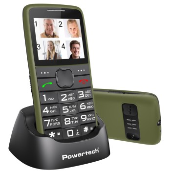 Powertech Sentry Eco V2 (PTM-42) Dual SIM - Χακί μπροστά και πίσω όψη και τοποθετημένη συσκευή στον φορτιστή