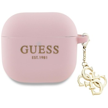 Guess Charm Θήκη Σιλικόνης για Apple AirPods 4 - Ροζ μπροστά όψη θήκης με Guess logo