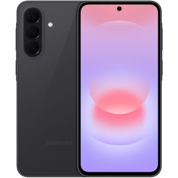 Samsung Galaxy A37 5G - Awesome Charcoal μπροστά και πίσω όψη με ενεργή οθόνη και τριπλή κάμερα
