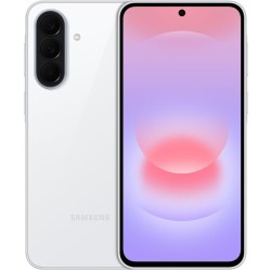 Samsung Galaxy A37 5G - Awesome White μπροστά και πίσω όψη με ενεργή οθόνη και τριπλή κάμερα