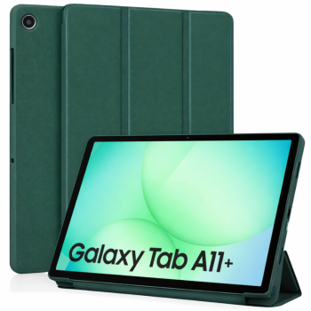 Θήκη Trifold Smart View και πίσω TPU για Samsung Galaxy A11+ - Πράσινο μπροστινή και πίσω όψη με έμφαση στην οθόνη και κάμερα