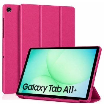 Θήκη Trifold Smart View και πίσω TPU για Samsung Galaxy A11+ - Φούξια μπροστινή και πίσω όψη με έμφαση στην οθόνη και κάμερα