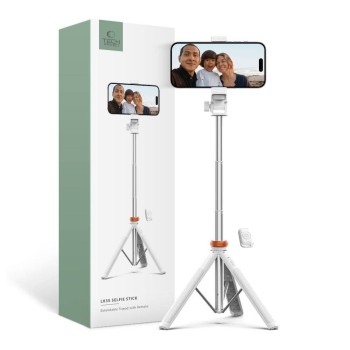 Tech-Protect L03s Selfie Stick Τρίποδο Κινητού Bluetooth - Λευκό κουτί συσκευασίας και στημένο τρίποδο με κινητό
