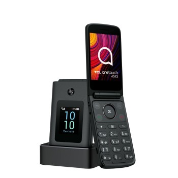 TCL One Touch 4043 Dual SIM Κινητό με Κουμπιά - Γκρι εφαρμοσμένο στη βάση φόρτισης και ανοιχτό κινητό με ενεργή οθόνη