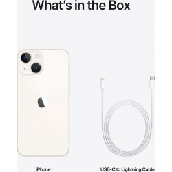 Πίσω όψη του iPhone 13 Starlight με κάμερες και κουμπιά, με καλώδιο φόρτισης δίπλα.