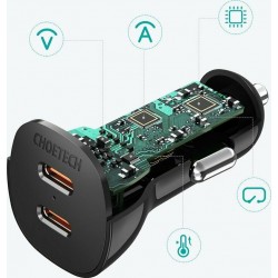 Choetech Φορτιστής Αυτοκινήτου με 2 Θύρες Type-C - Μαύρο