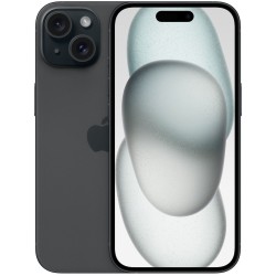 Apple iPhone 15 σε μαύρο, μπροστινή και πίσω όψη με οθόνη 6.1”, διπλή κάμερα, 128GB αποθήκευσης.