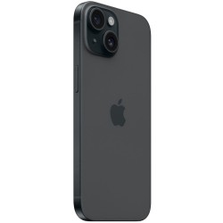 Apple iPhone 15 σε μαύρο, πίσω όψη με διπλή κάμερα 48MP και κουμπιά έντασης.