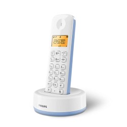 Ασύρματο τηλέφωνο Philips D1601S σε λευκό και μπλε, πλάγια όψη με φωτιζόμενη οθόνη και μοντέρνο σχεδιασμό.
