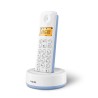 Ασύρματο τηλέφωνο Philips D1601S σε λευκό και μπλε, πλάγια όψη με φωτιζόμενη οθόνη και μοντέρνο σχεδιασμό.