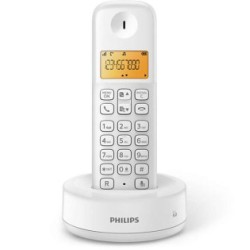 Ασύρματο τηλέφωνο Philips D1601W σε λευκό χρώμα με φωτιζόμενη οθόνη και βάση φόρτισης.
