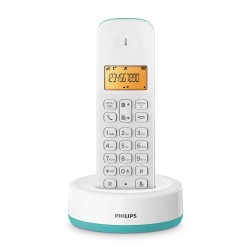 Ασύρματο τηλέφωνο Philips D1601T σε λευκό και πράσινο χρώμα με φωτιζόμενη οθόνη και κομψή βάση φόρτισης.