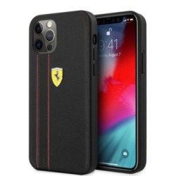 Ferrari "Debossed Stripes & Red Lines" Leather Case Θήκη προστασίας από γνήσιο καπιτονέ δέρμα – iPhone 12 Pro Max (Μαύρη/Quilted