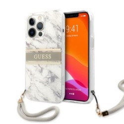 Guess "Marble Collection" Printed Stripe Θήκη προστασίας με όψη μαρμάρου και κορδονάκι χειρός – iPhone 13 Pro Γκρι/Λευκό