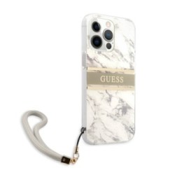 Guess "Marble Collection" Printed Stripe Θήκη προστασίας με όψη μαρμάρου και κορδονάκι χειρός – iPhone 13 Pro Γκρι/Λευκό