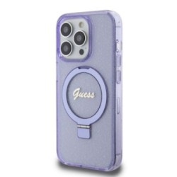 Guess MagSafe Ring Stand Glitter Hard Case Script Logo Θήκη προστασίας από σιλικόνη – iPhone 15 Pro Διάφανη / Μωβ – GUHMP15LHRSG