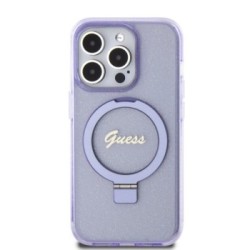 Guess MagSafe Ring Stand Glitter Hard Case Script Logo Θήκη προστασίας από σιλικόνη – iPhone 15 Pro Διάφανη / Μωβ – GUHMP15LHRSG