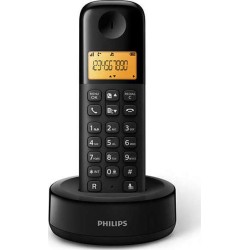 Ασύρματο τηλέφωνο Philips D1601B με μαύρη βάση και φωτιζόμενη οθόνη, ιδανικό για οικιακή ή επαγγελματική χρήση.