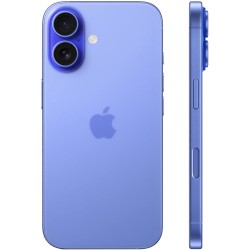 Apple iPhone 16 128GB σε ultramarine χρώμα, με πίσω όψη που αναδεικνύει τις κάμερες και την πλάγια όψη με τα κουμπιά ελέγχου.